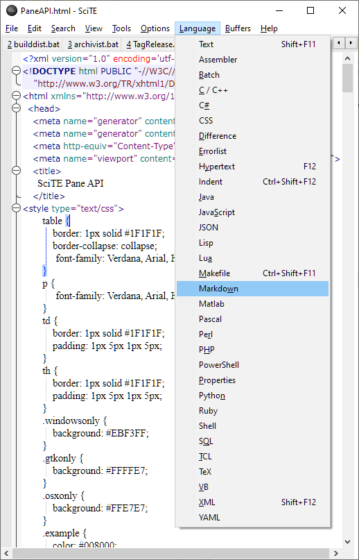 Language menu showing Markdown